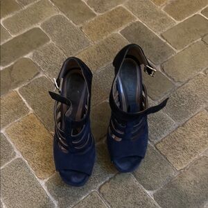 Marni Navy Suede Peep-Toe Ankle Strap Heels